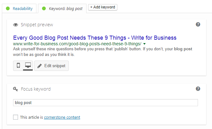 Example of a blog post's meta description in Wordpress